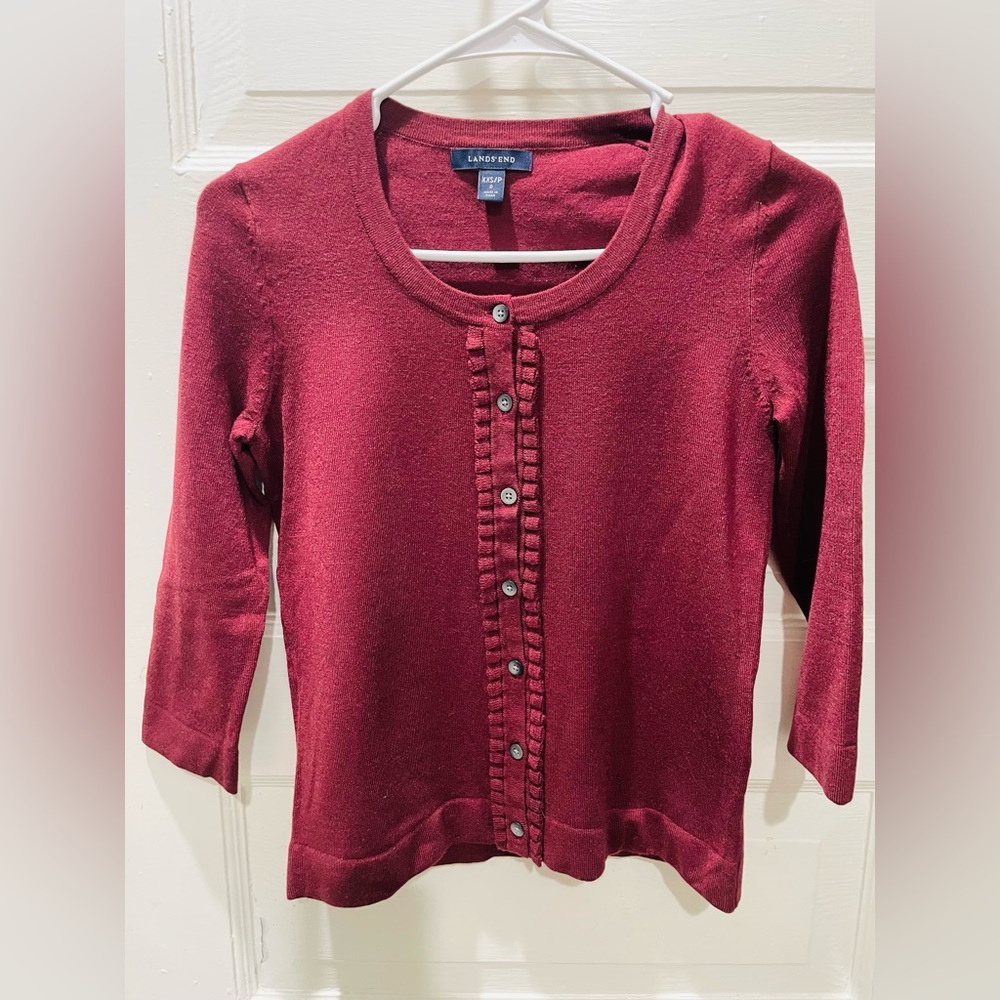 Lands' End Deep Red Button-Up Sweater, Ruffle Detail, Size XXS